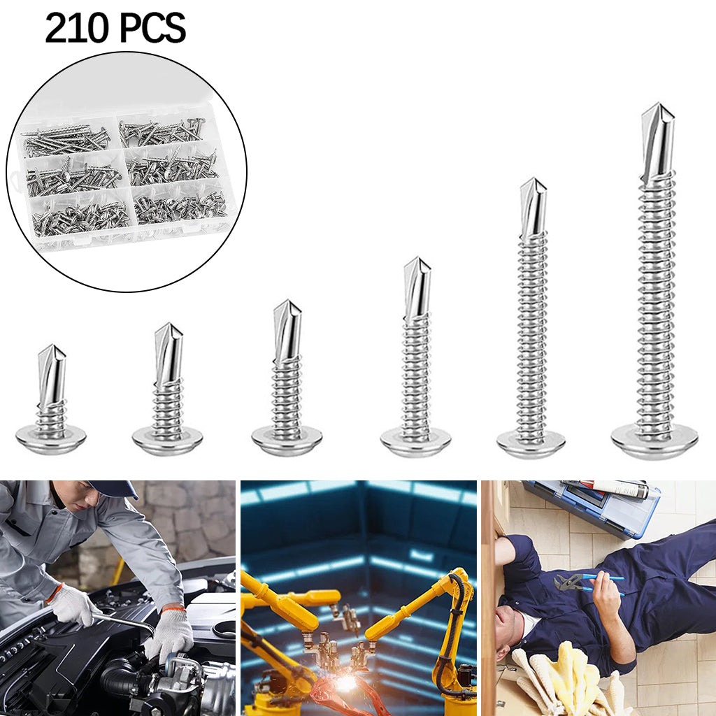 210x Self-Drilling Screws Kit 6 Sizes Cross Head Studs for Metal Repair Accs