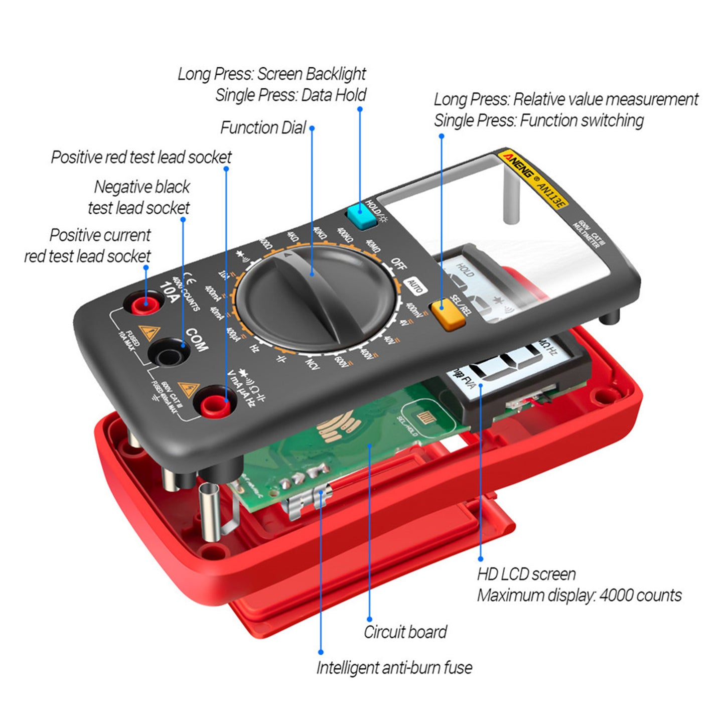 Digital Multimeter Current Resistance AC DC 0-600V Volt Circuit Tester Red