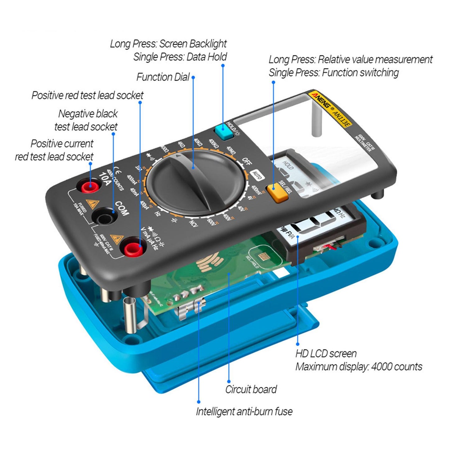 Digital Multimeter Current Resistance AC DC 0-600V Volt Circuit Tester Blue