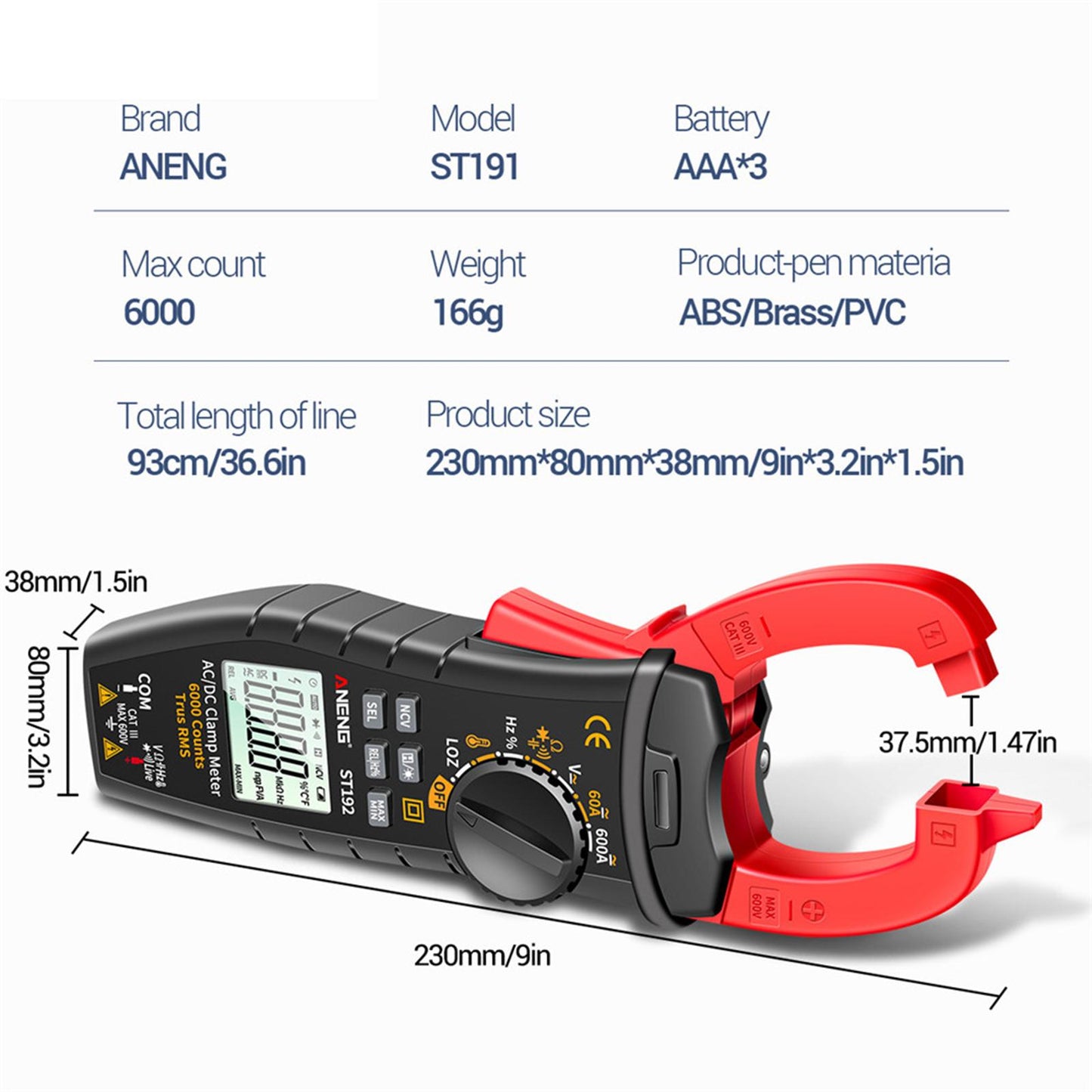 LCD Multimeter Capacitance AC DC Clamp Test Meter 6000 Count for Electronic