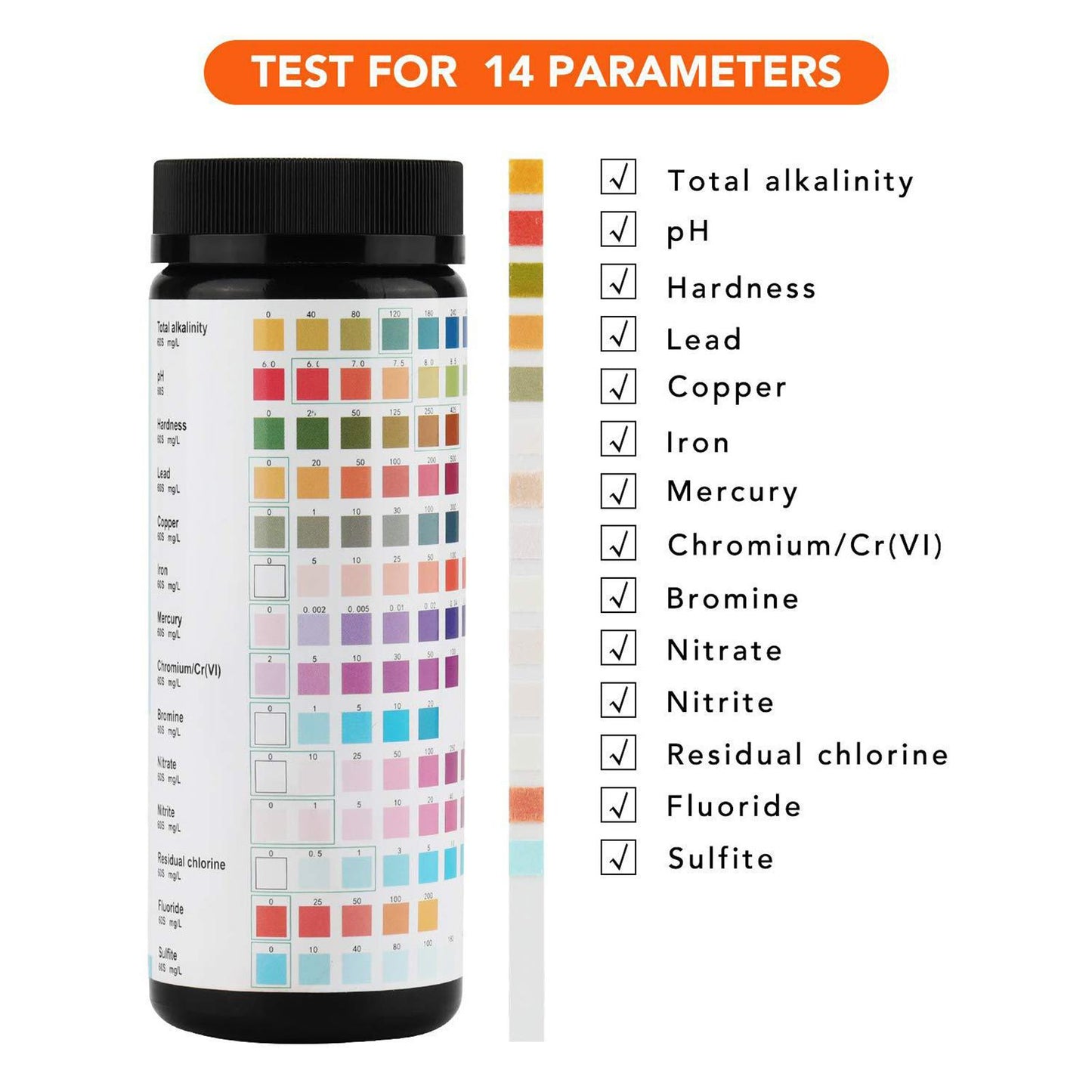 Swimming Pool & Spa Water 14 in 1 Test Strips-Chlorine-Alklalinity-Hardness