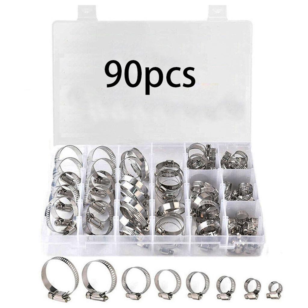 Adjustable Hose Clamps 8 Sizes Pack of 90 Set Easy to Install Oil Pipes