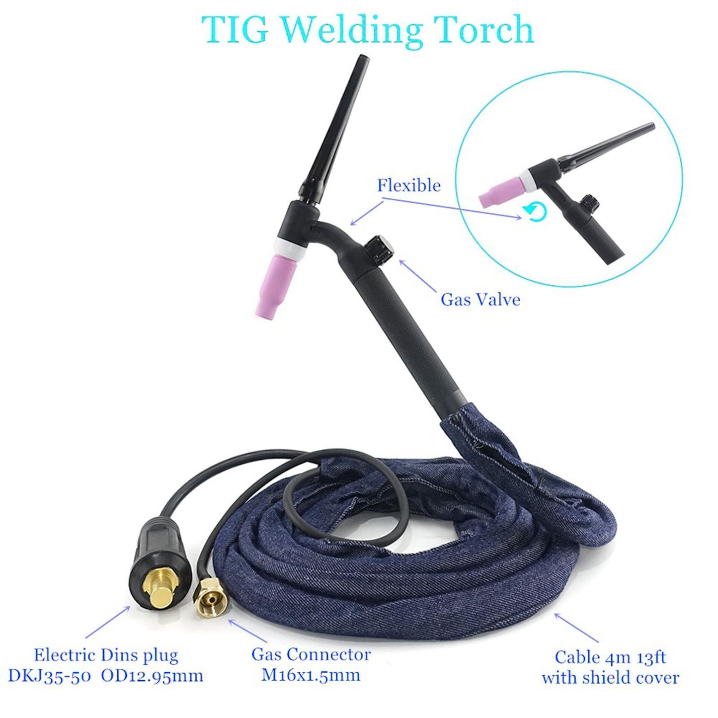 150Amp Air-cooled TIG Welding Torch Complete Package with Power Cable Hose WP 17V