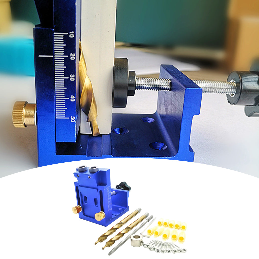 Adjust Pocket Hole Jig Kits Oblique Drill Tool Carpenter Woodworking Locator Blue 2 drill bit