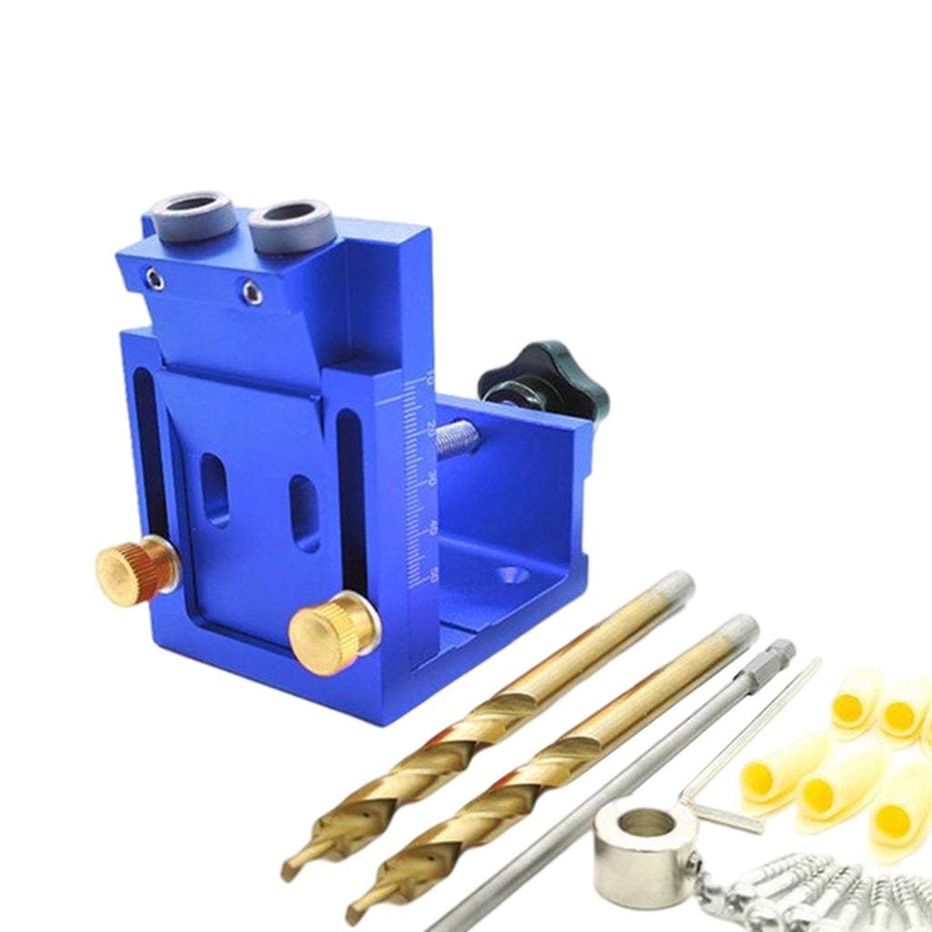 Adjust Pocket Hole Jig Kits Oblique Drill Tool Carpenter Woodworking Locator Blue 2 drill bit
