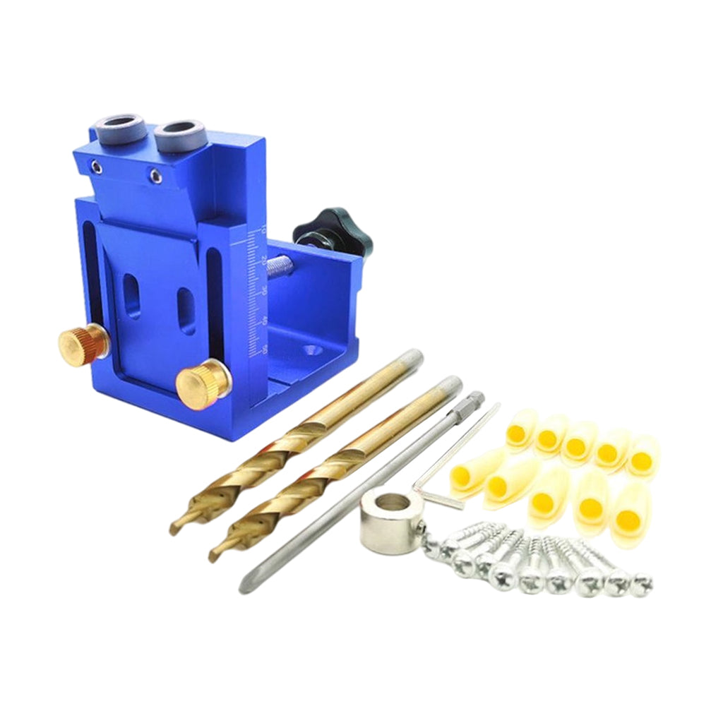 Adjust Pocket Hole Jig Kits Oblique Drill Tool Carpenter Woodworking Locator Blue 2 drill bit