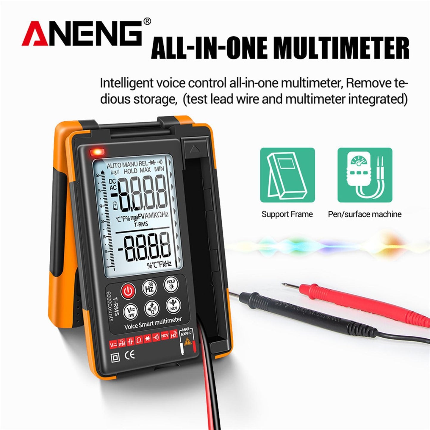 Digital Multimeter High Precision Tester 6000 Counts Volt Meter with Lanyard Yellow Voice Control