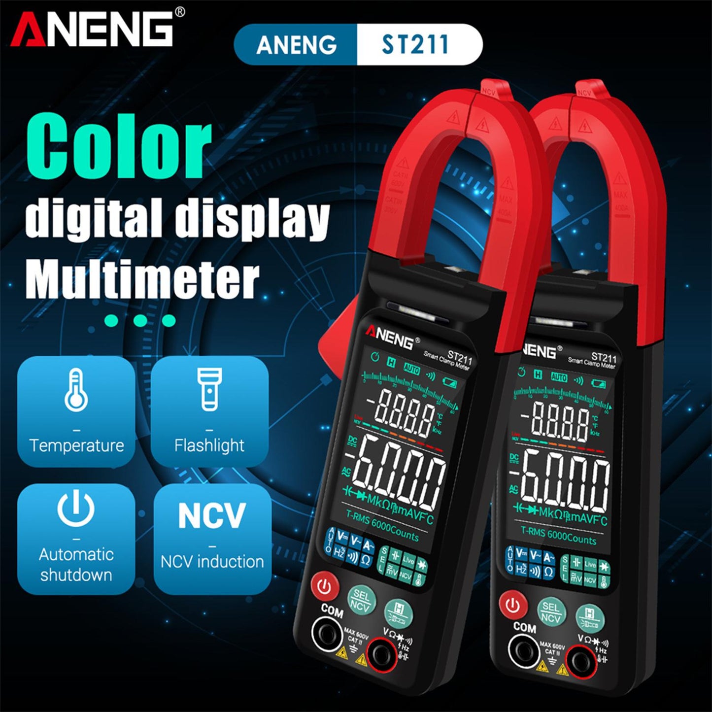 ST211 Digital Clamp Meter Tester AC / DC Voltage Current 6000 Counts Red