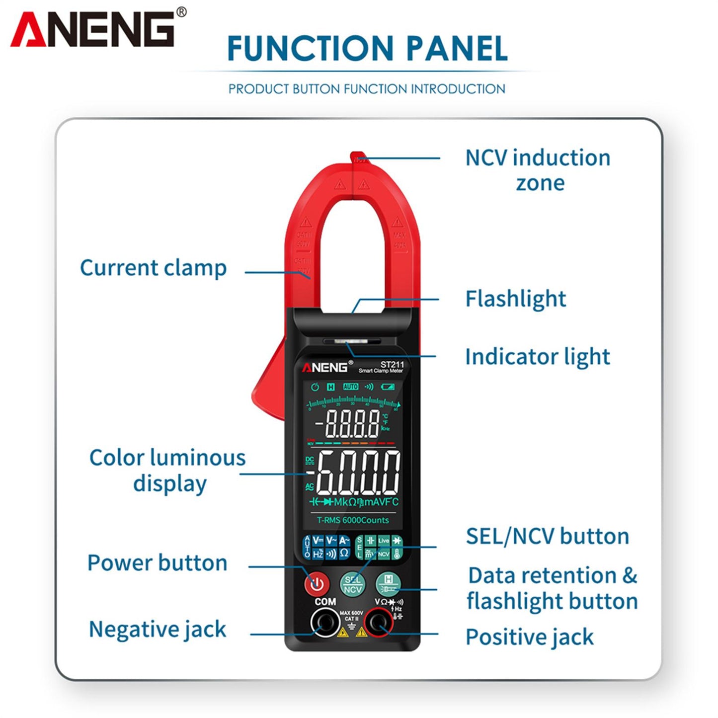 ST211 Digital Clamp Meter Tester AC / DC Voltage Current 6000 Counts Red