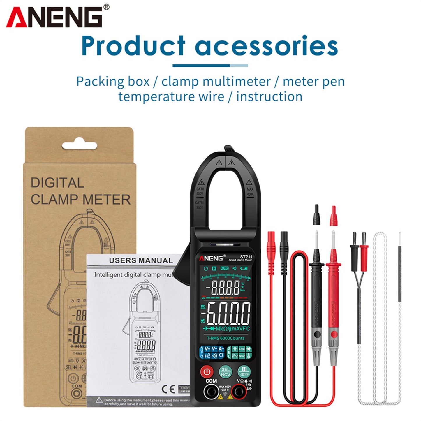 ST211 Digital Clamp Meter Tester AC / DC Voltage Current 6000 Counts Black