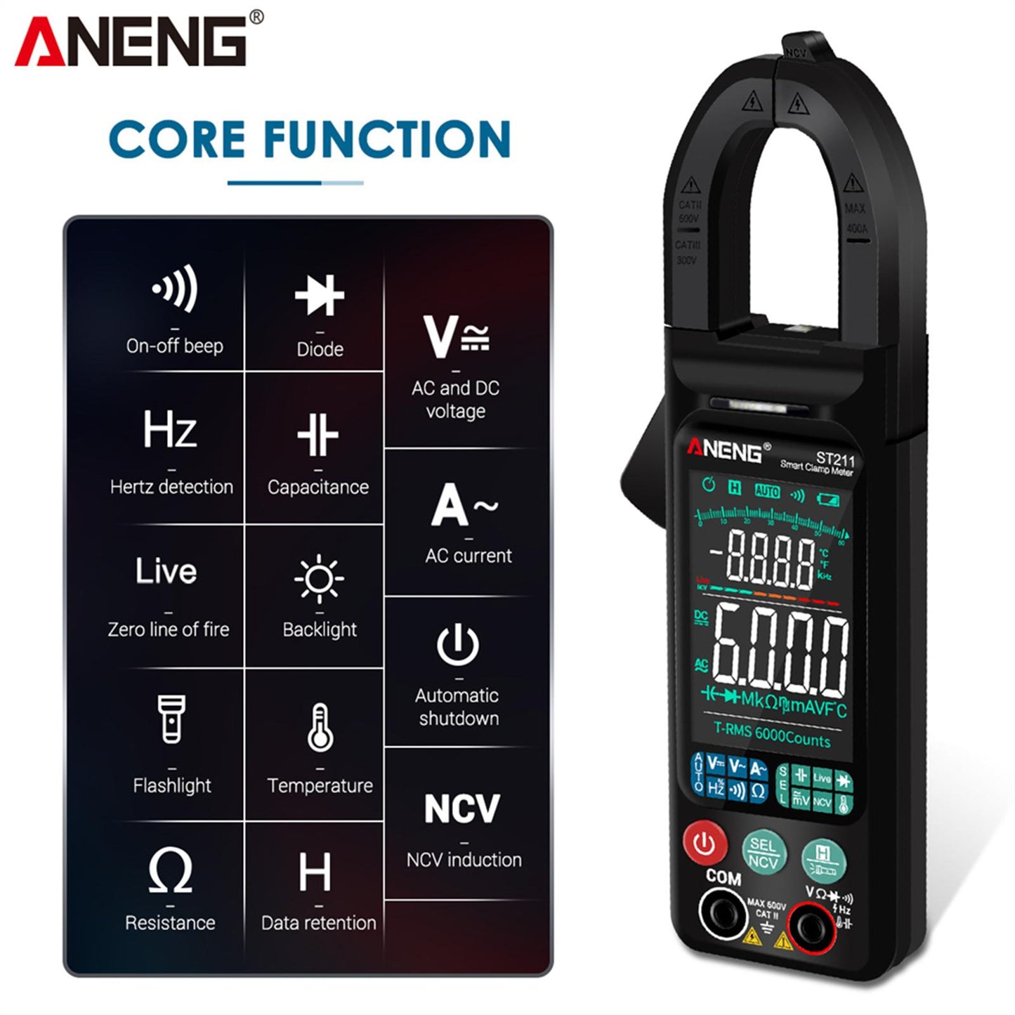 ST211 Digital Clamp Meter Tester AC / DC Voltage Current 6000 Counts Black