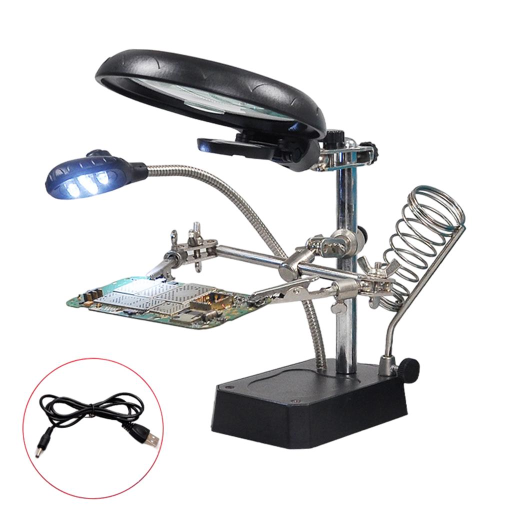 Magnifier With Helping Hand Soldering Stand HD Magnifying Glass 5 LED Light