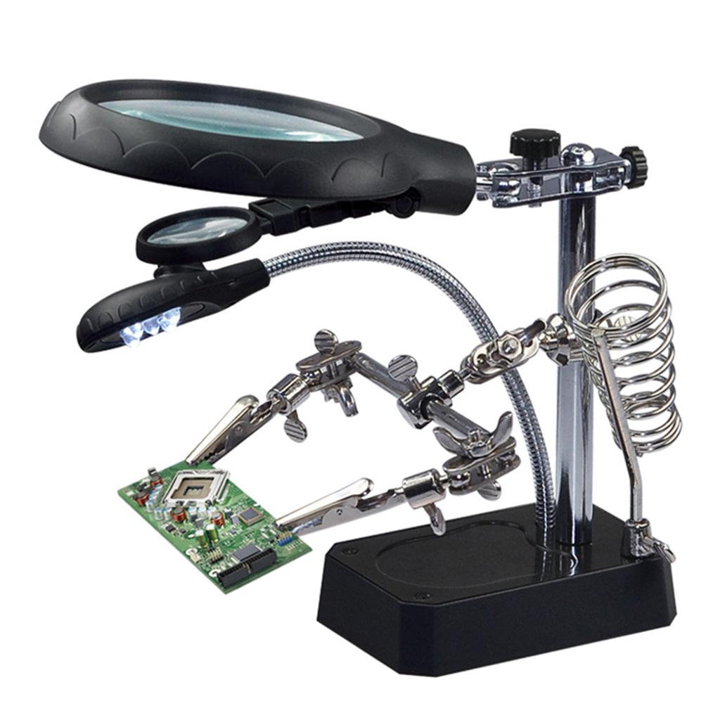 Magnifier With Helping Hand Soldering Stand HD Magnifying Glass 5 LED Light