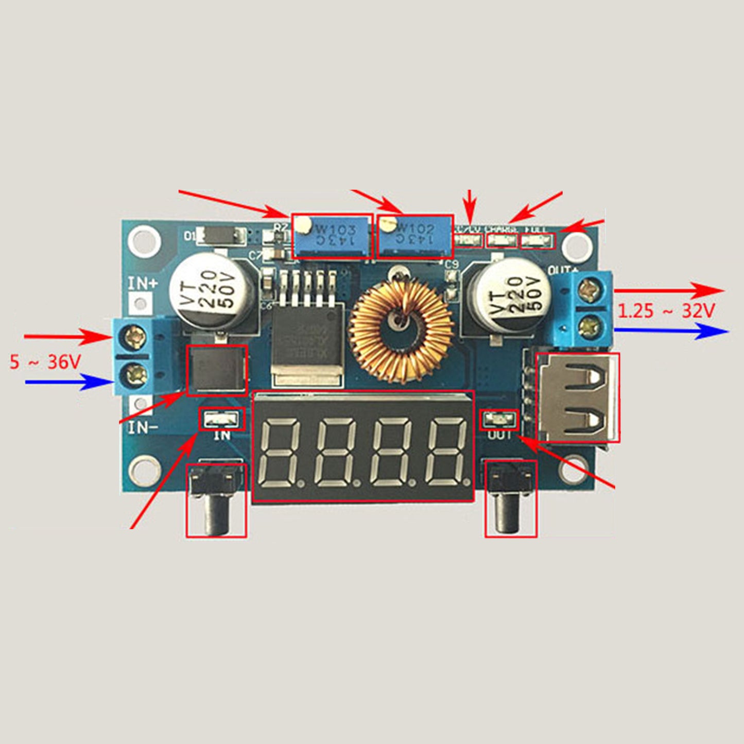Adjustable Buck Converter High Efficiency High Power 5V-36V to 1.25-32V