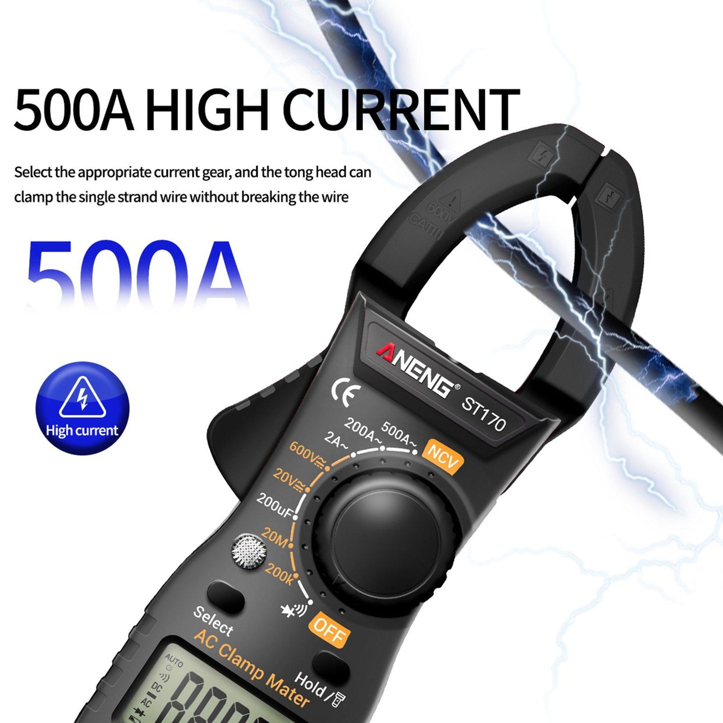 Handheld Clamp Meter Multimeter Digital Volt Current Tester LCD Screen Black