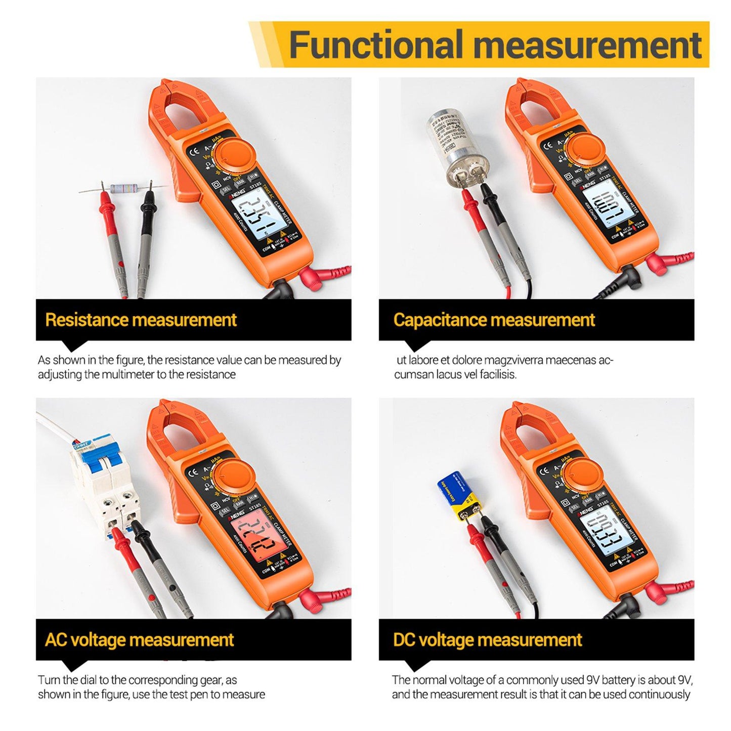 Clamp Meter Multimeter Digital Volt Current Tester LCD Screen Orange