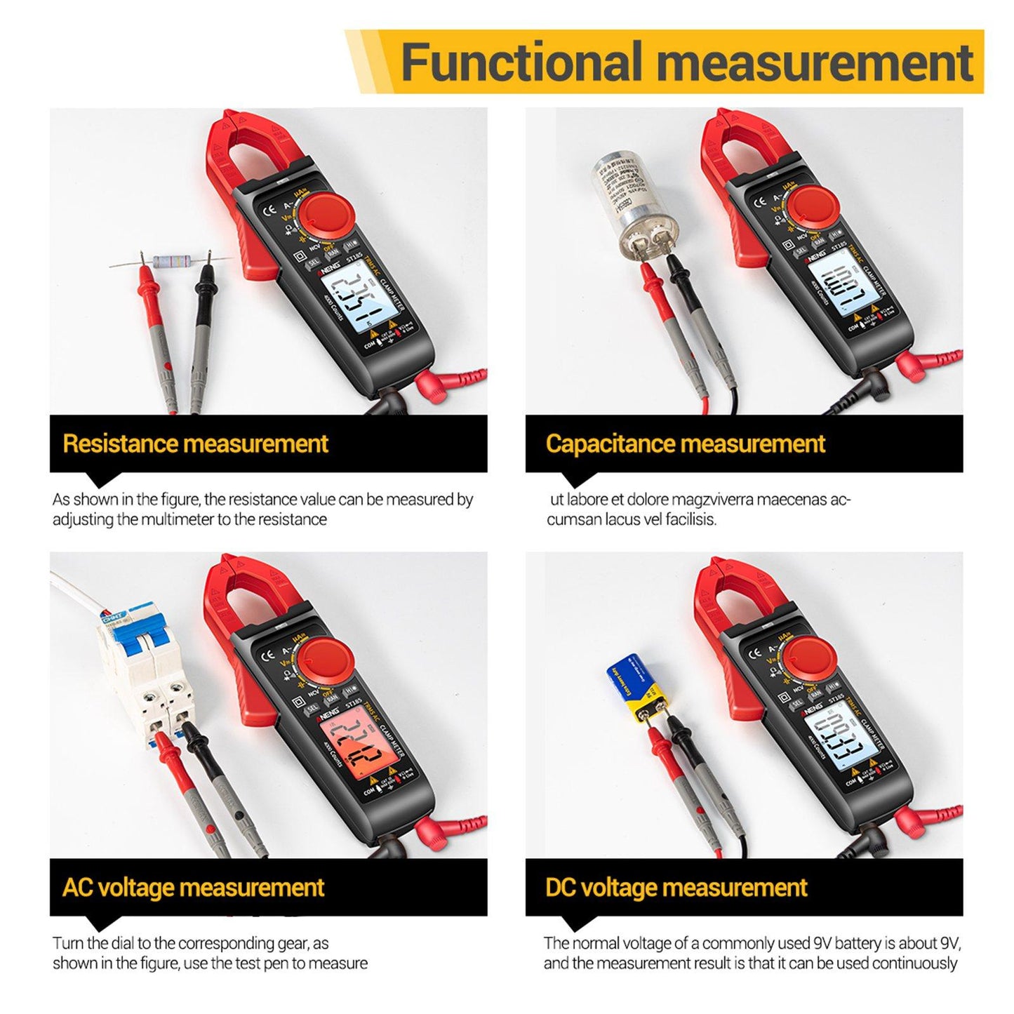 Clamp Meter Multimeter Digital Volt Current Tester LCD Screen Black and Red