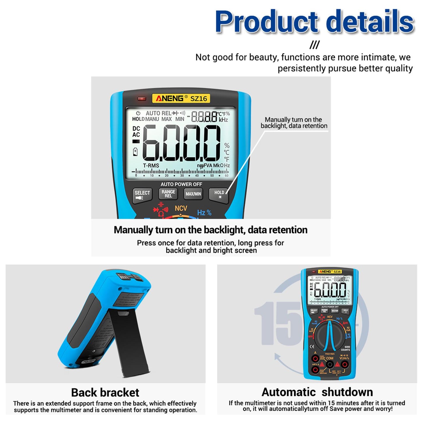 Digital Multimeter DC AC Voltmeter Resistance Detector Blue SZ16