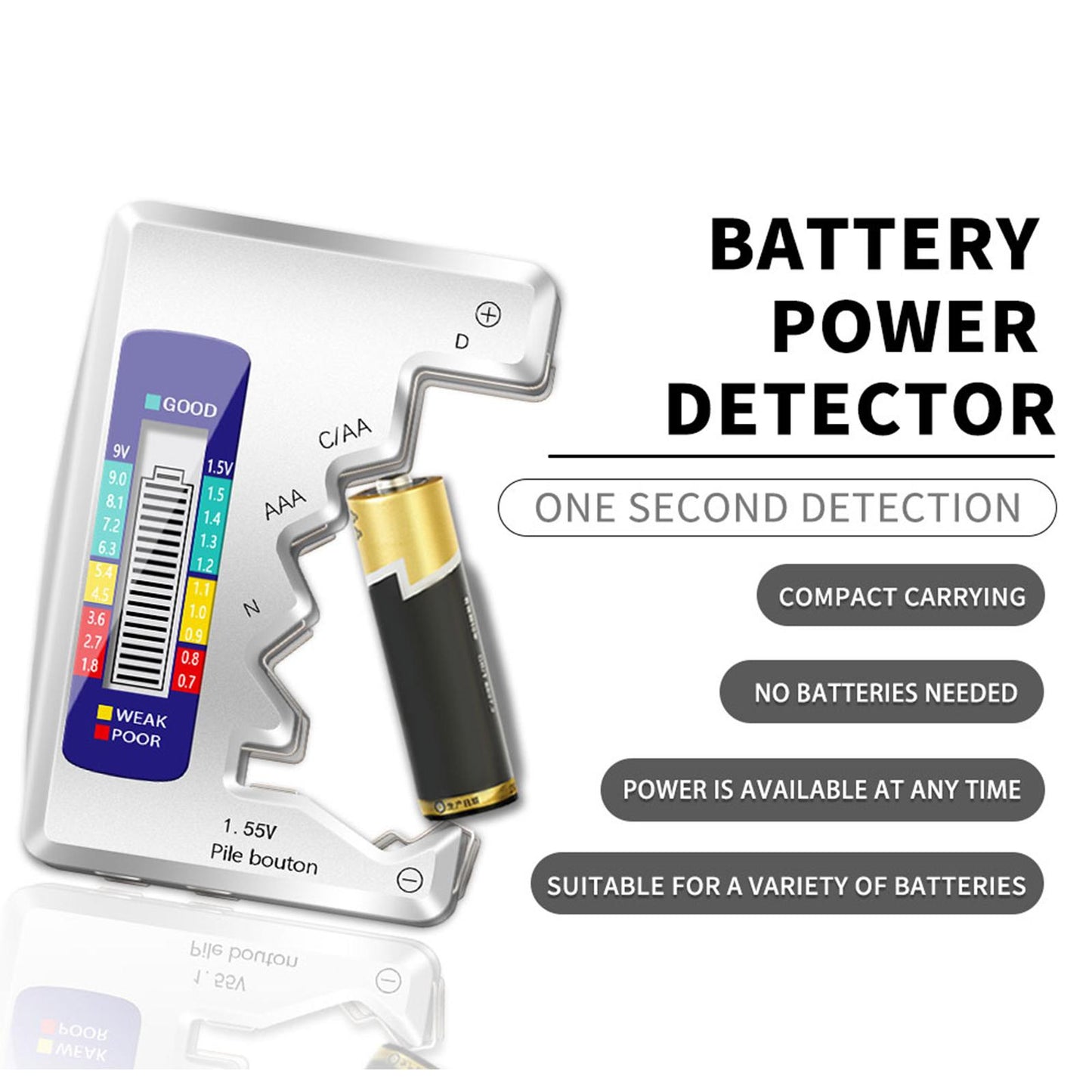 Universal Battery Tester convenient for C D N AA AAA 9V 1.5V Button Cell Silver