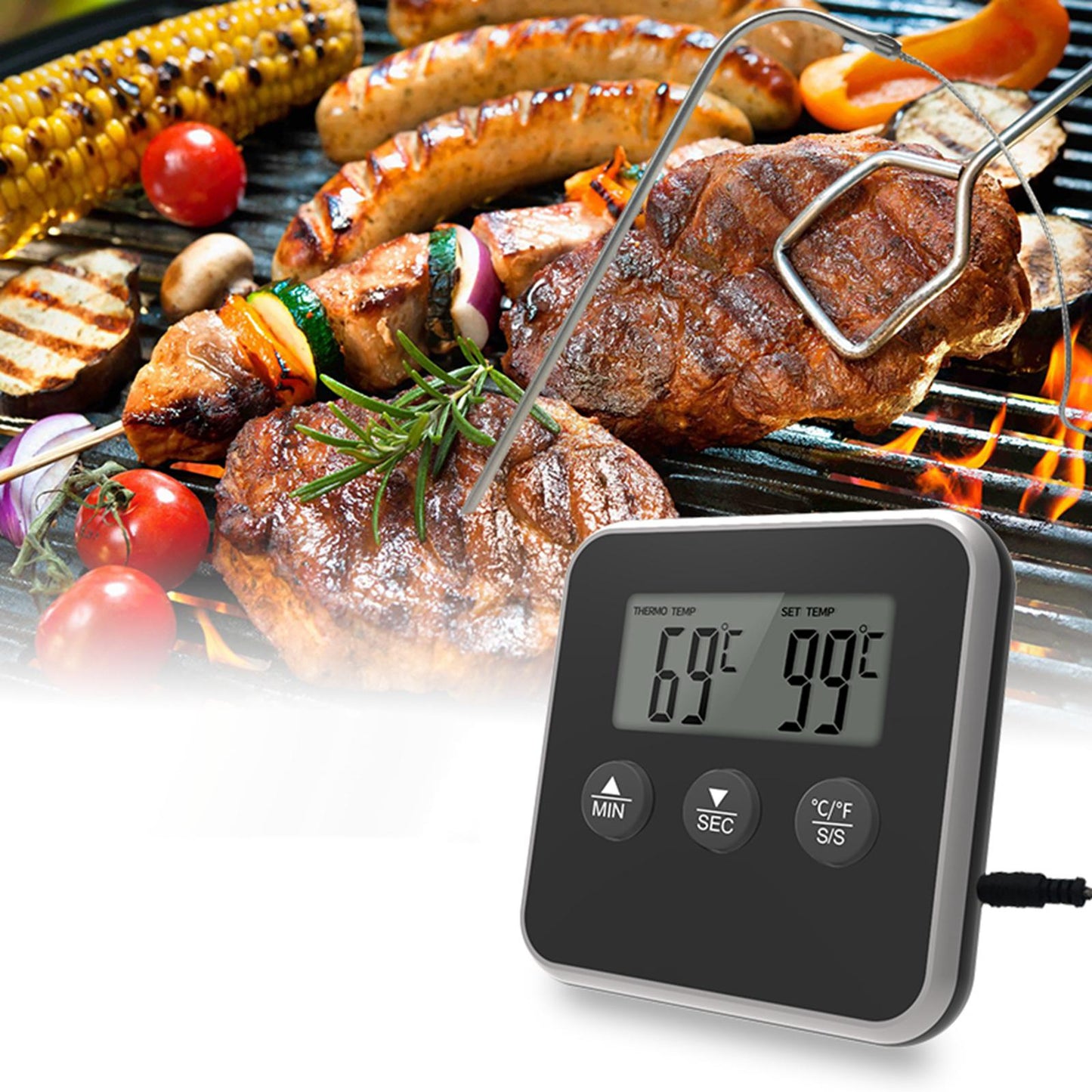 Meat Thermometer Accurate Long Probe with Timer for Cooking Oven black