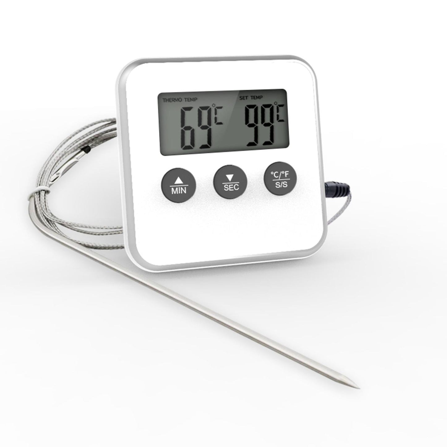 Meat Thermometer Accurate Long Probe with Timer for Cooking Oven white
