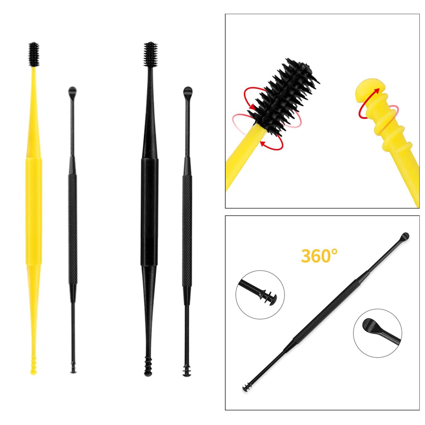 3 in1 Soft Silicone Ear Pick Set Double-End Spiral Remover Yellow Black A