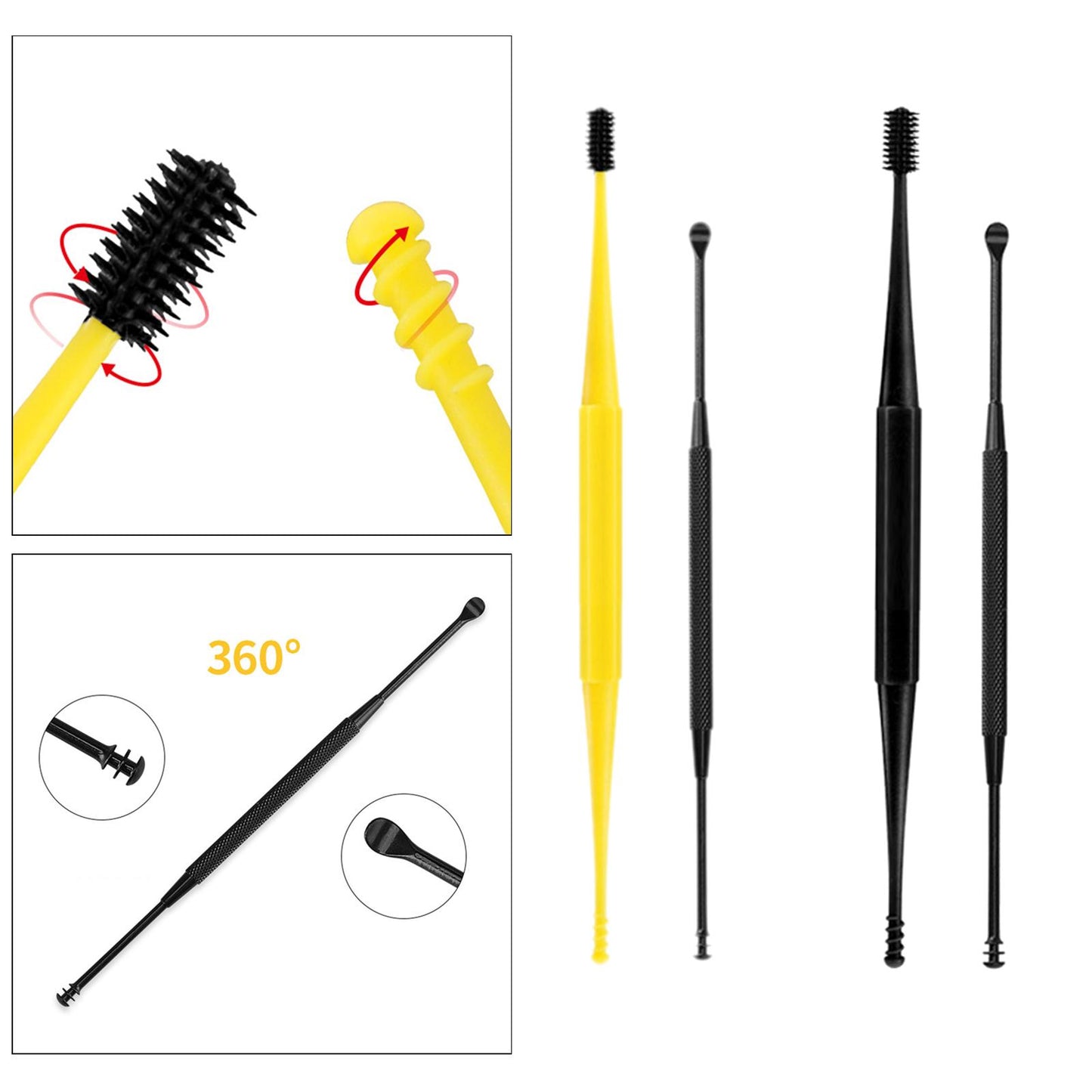 3 in1 Soft Silicone Ear Pick Set Double-End Spiral Remover Yellow Black A