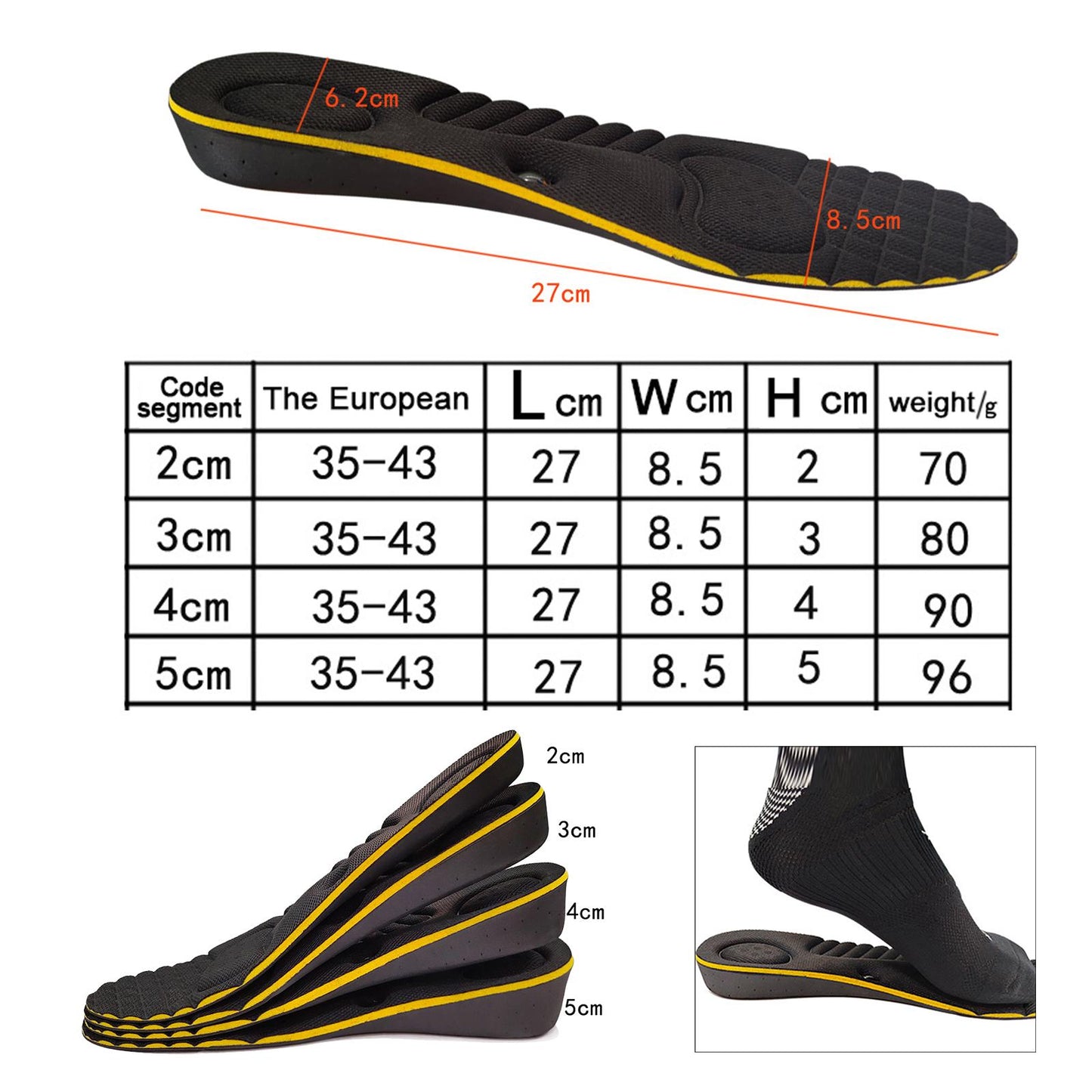 Height Insoles Elastic Comfort Taller Heel Inserts Lifts for Sneaker Men 2cm