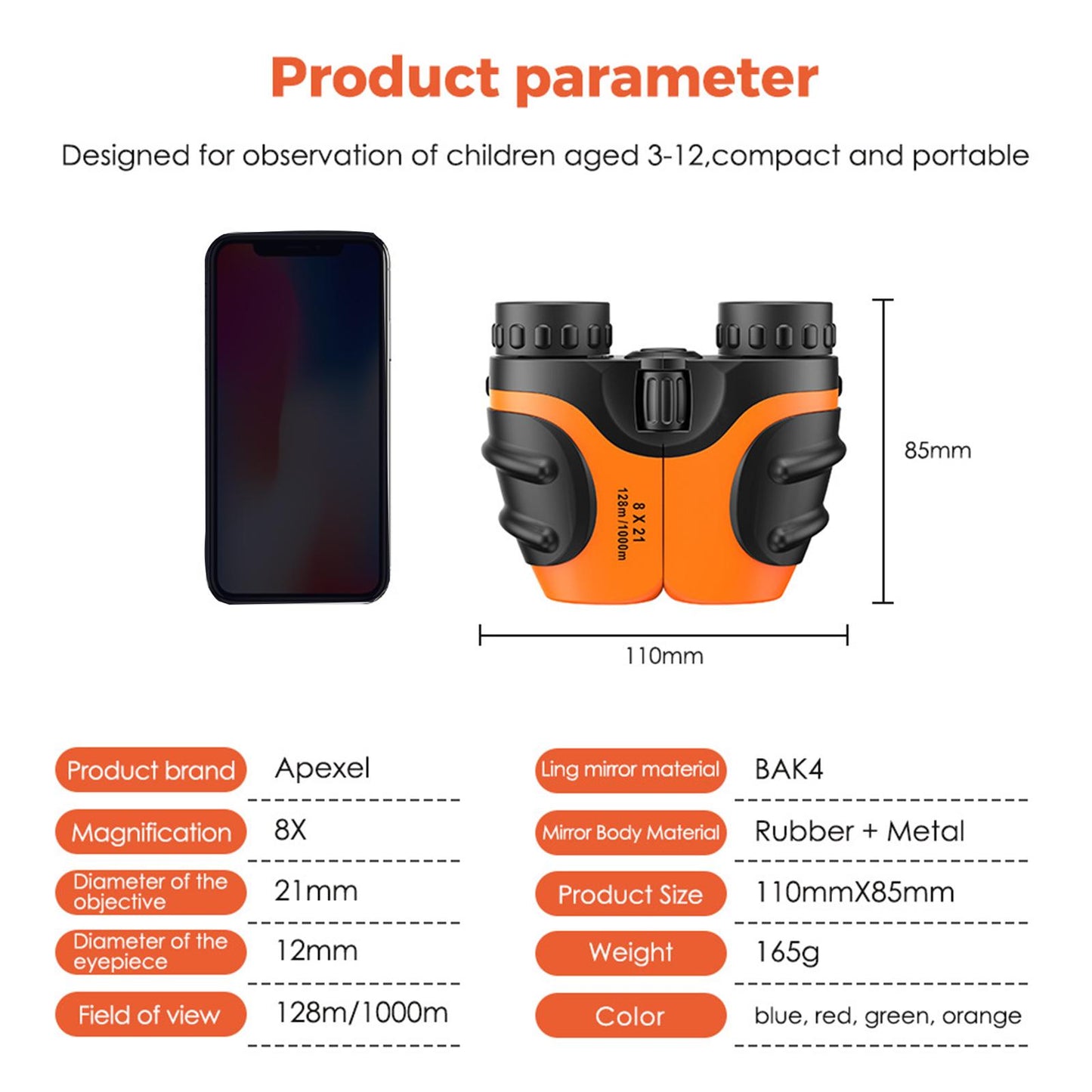 Plastic Kids Binoculars Hiking Camping Telescope Game Entertainment Children Orange