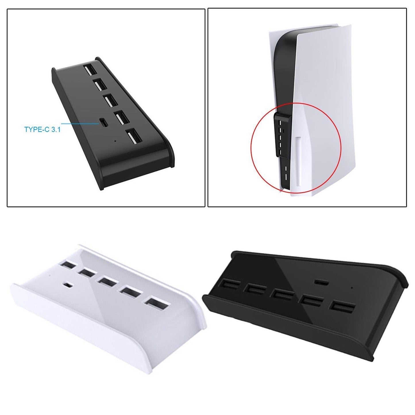 5 Port USB Hub for Game Console USB 2.0 Expansion Hub Splitter Adapter Parts White