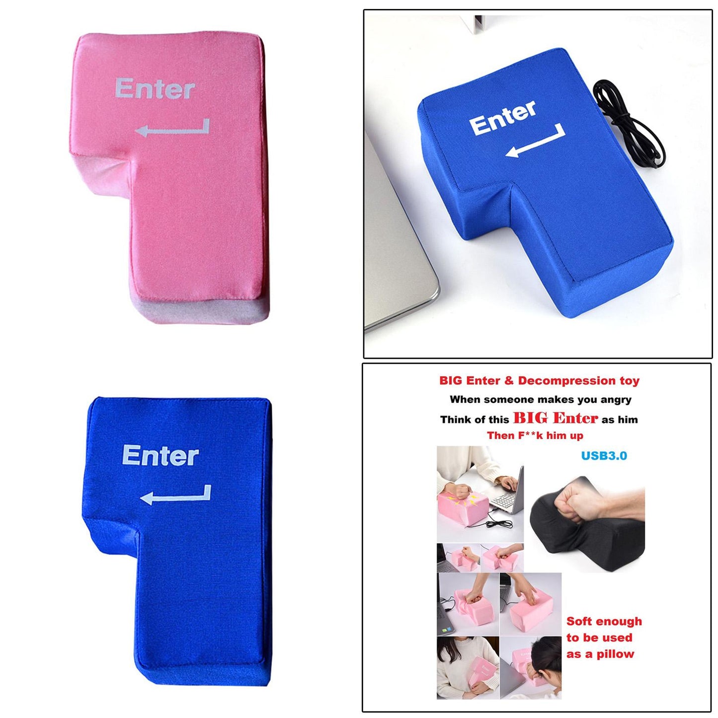 USB3.0 Enter Key Cotton Decompression Toy Gift for Kids Adults Working Pink