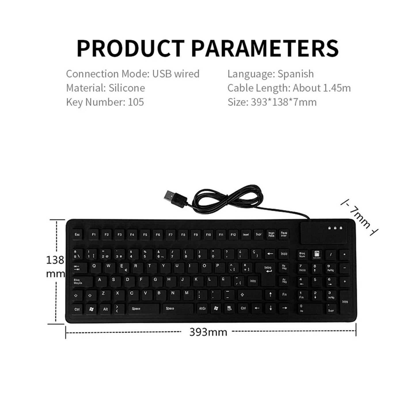 Silicone Spanish Waterproof 105 Key Flexible Foldable Keyboard for PC Laptop