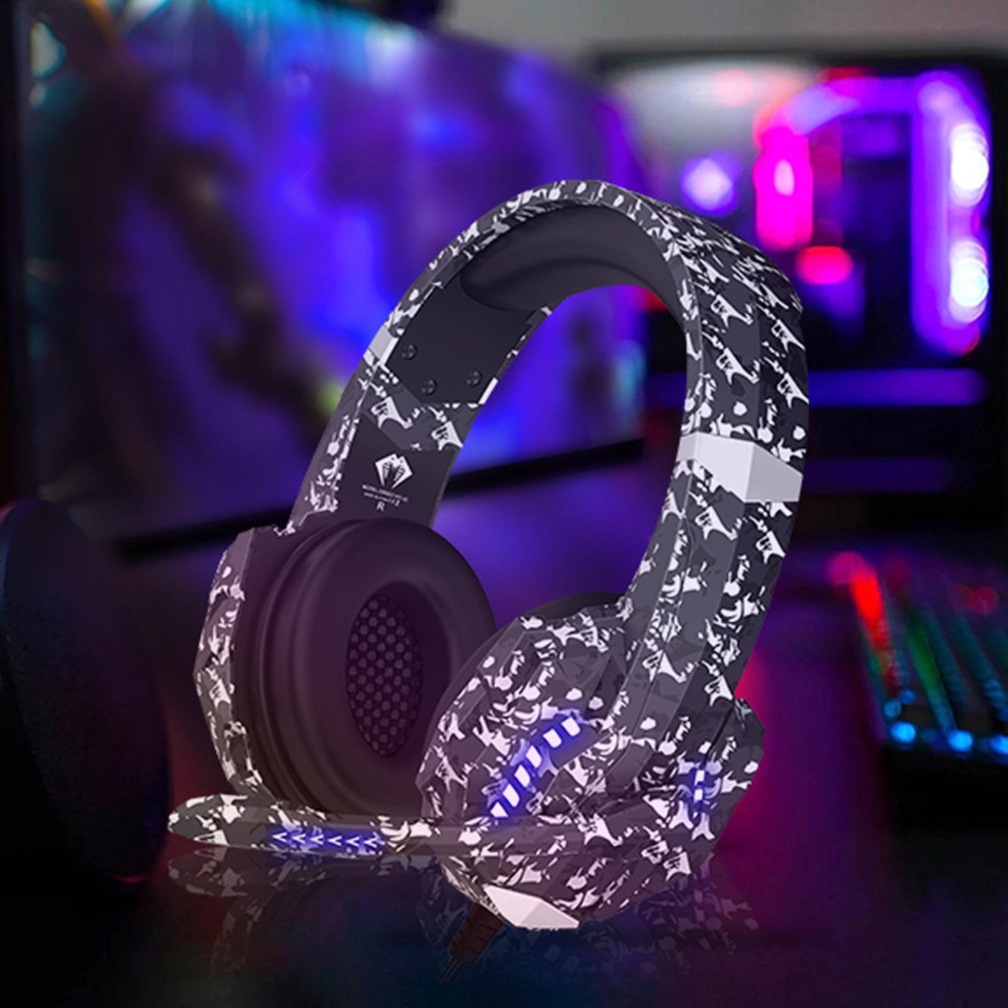 Camouflage Cat Ear Gaming Headset for PC Games Laptop TV Blue