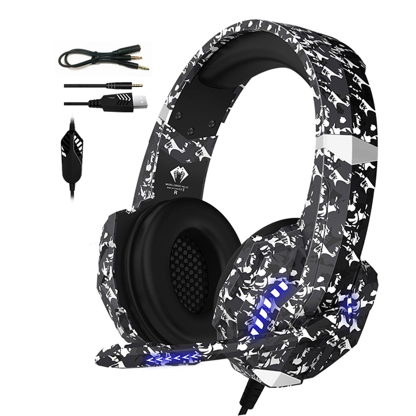 Camouflage Cat Ear Gaming Headset for PC Games Laptop TV Blue