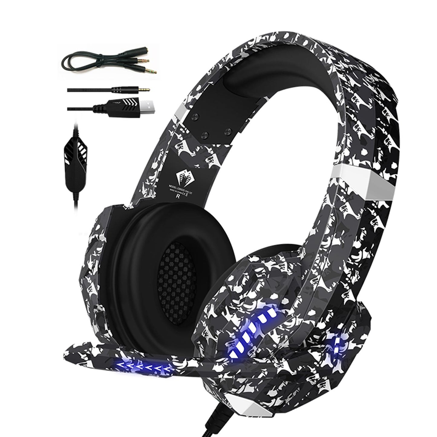 Camouflage Cat Ear Gaming Headset for PC Games Laptop TV Blue