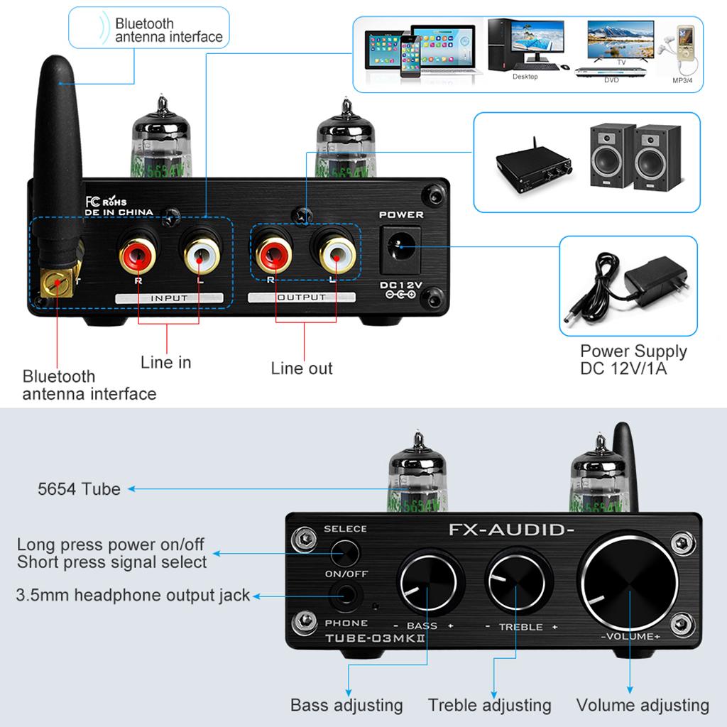 Bluetooth Tube Headphone Amplifier Treble & Bass Tone Control Black