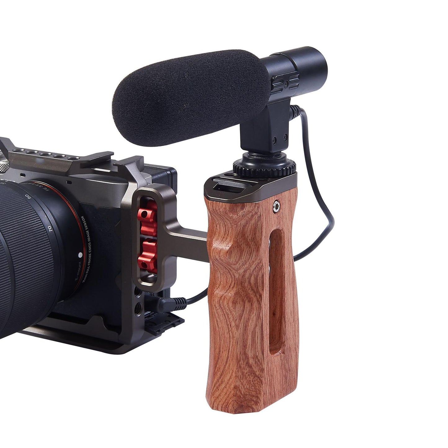Wood Handle Grip Mount w/Cold Shoe Mounting Microphone Light Monitor Black