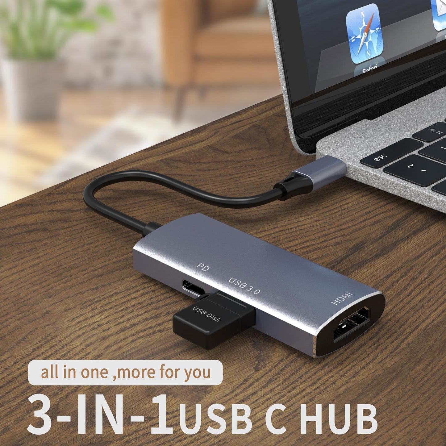 3-in-1 USB-C Hub Extender 5Gb/s for Nitendo Switch for Macbook Laptops Grey