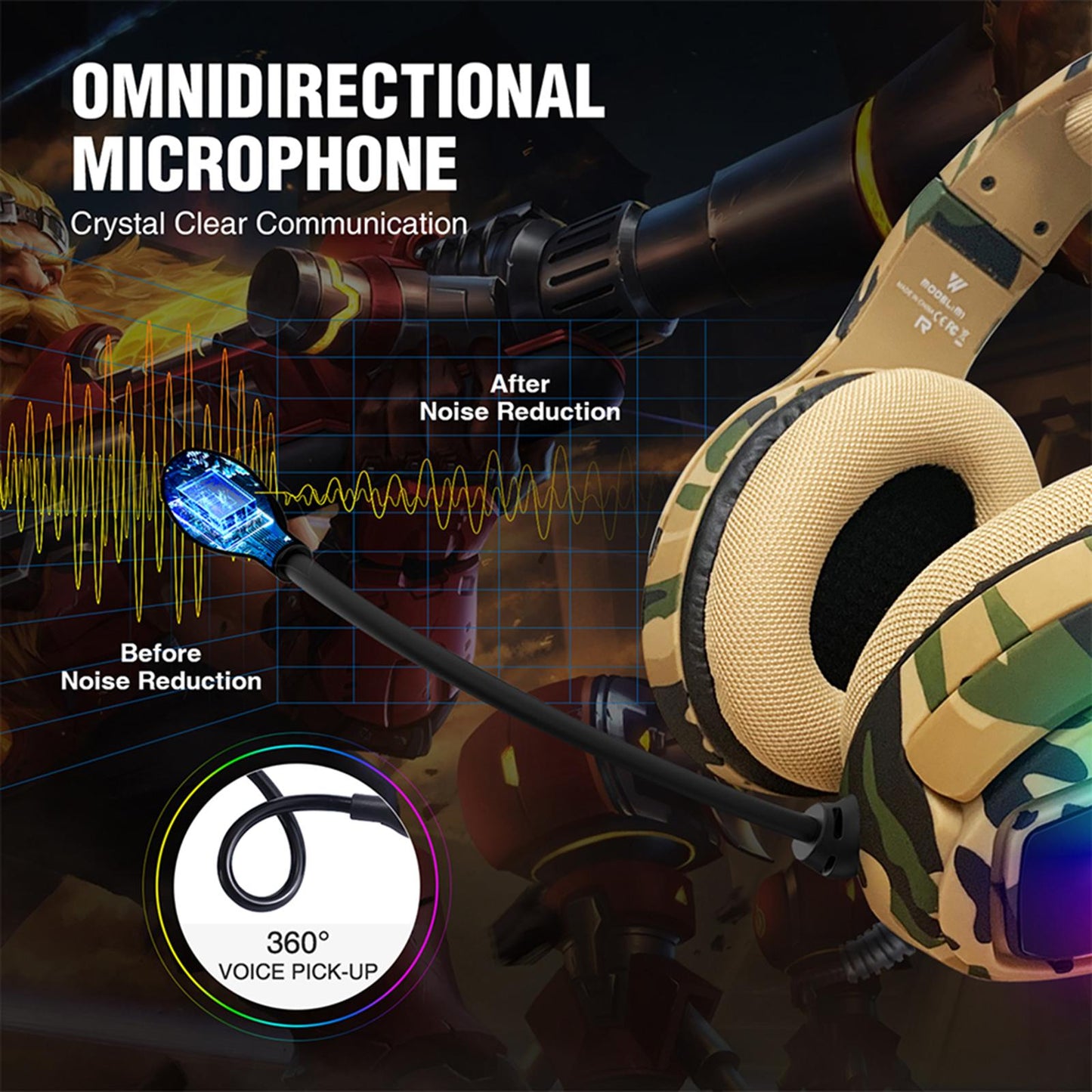 RGB Gaming Headset w/Mic RGB LED Headphones Stereo Bass Desert Camo