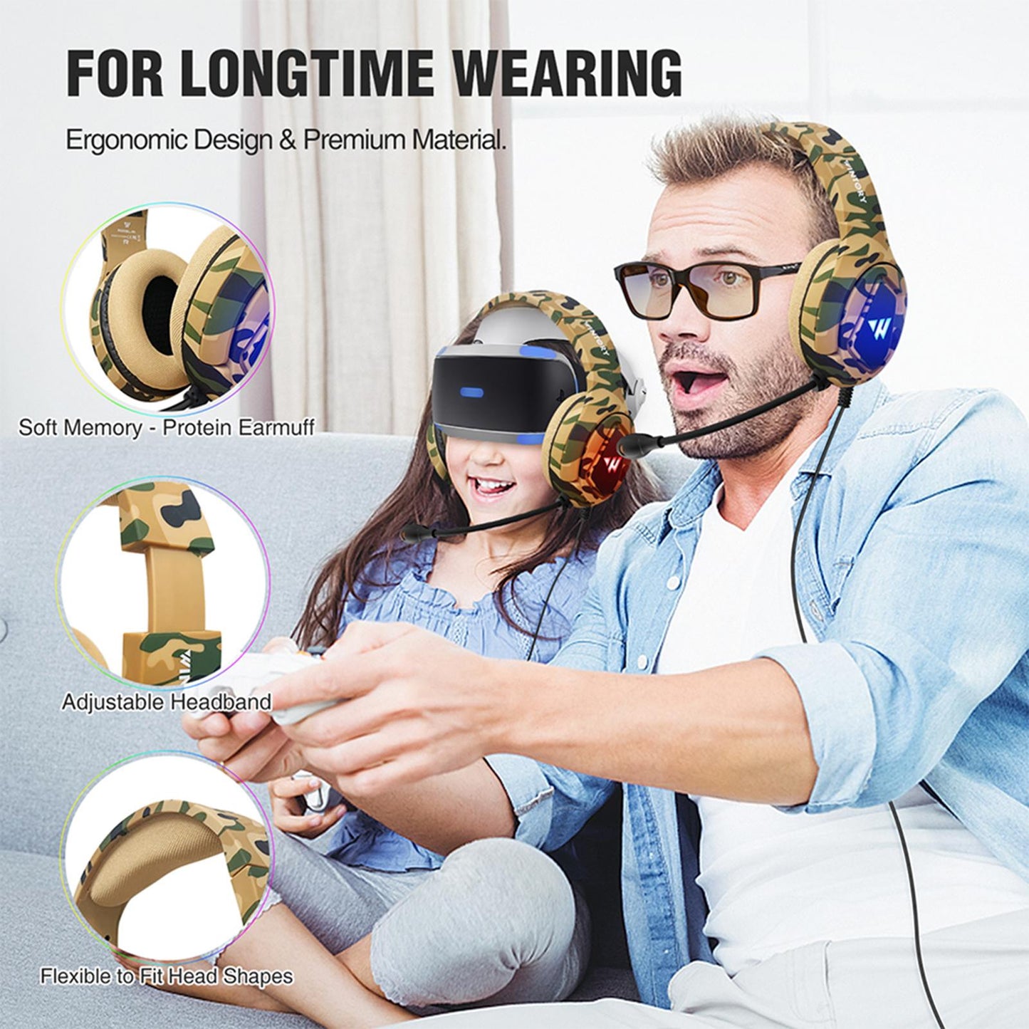 RGB Gaming Headset w/Mic RGB LED Headphones Stereo Bass Desert Camo