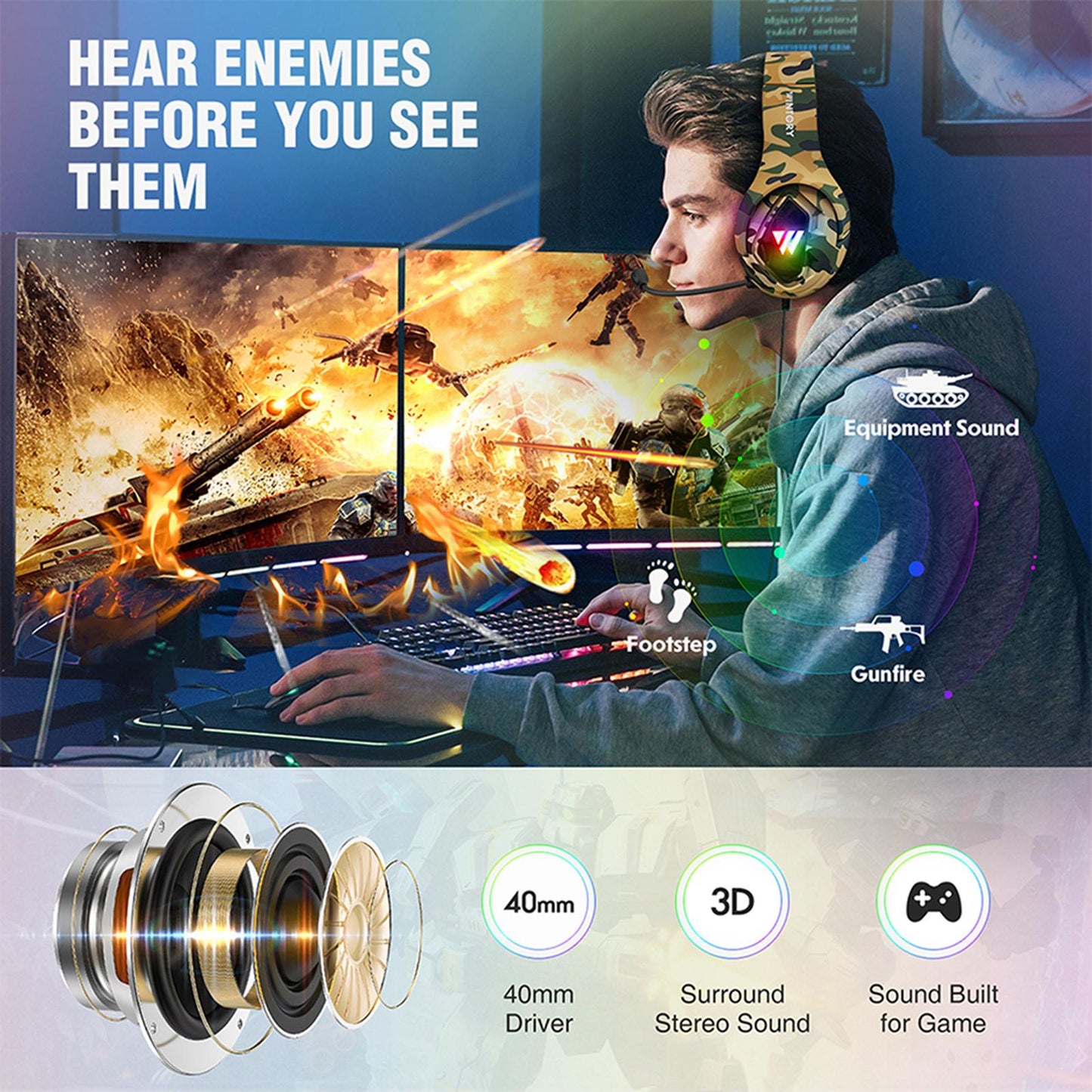 RGB Gaming Headset w/Mic RGB LED Headphones Stereo Bass Desert Camo