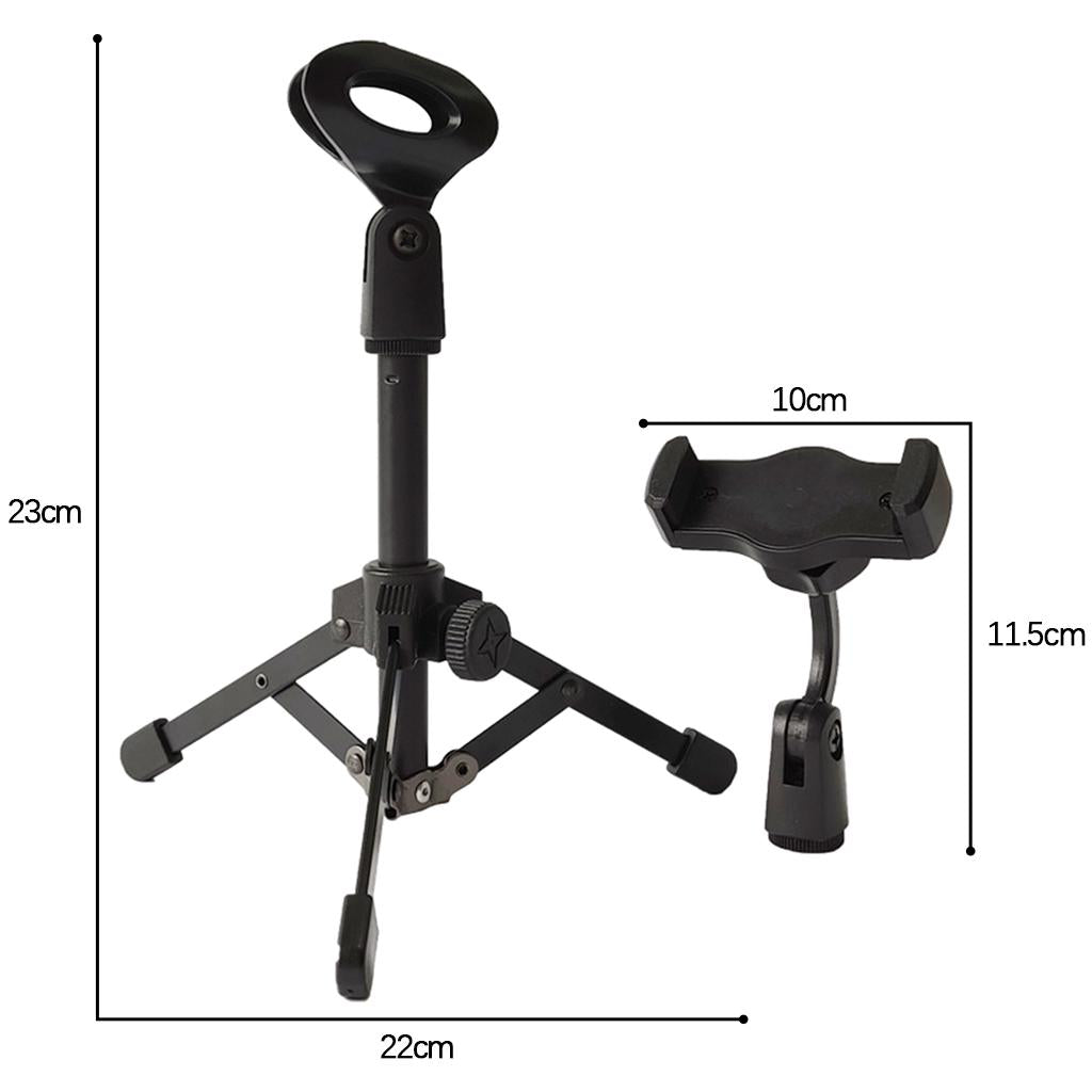 Mic Stand Desktop Tripod with Mic Clip Universal Portable for Lectures Live with phone stand