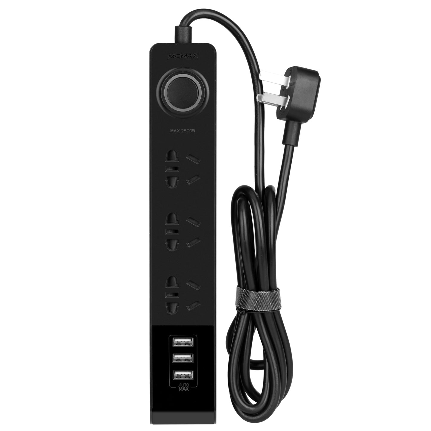 MOMAX 1-Plug 2500W 3 Ground AU Outlets + 3 USB Ports Power Strip with 1.8m Cable - Black / AU Plug