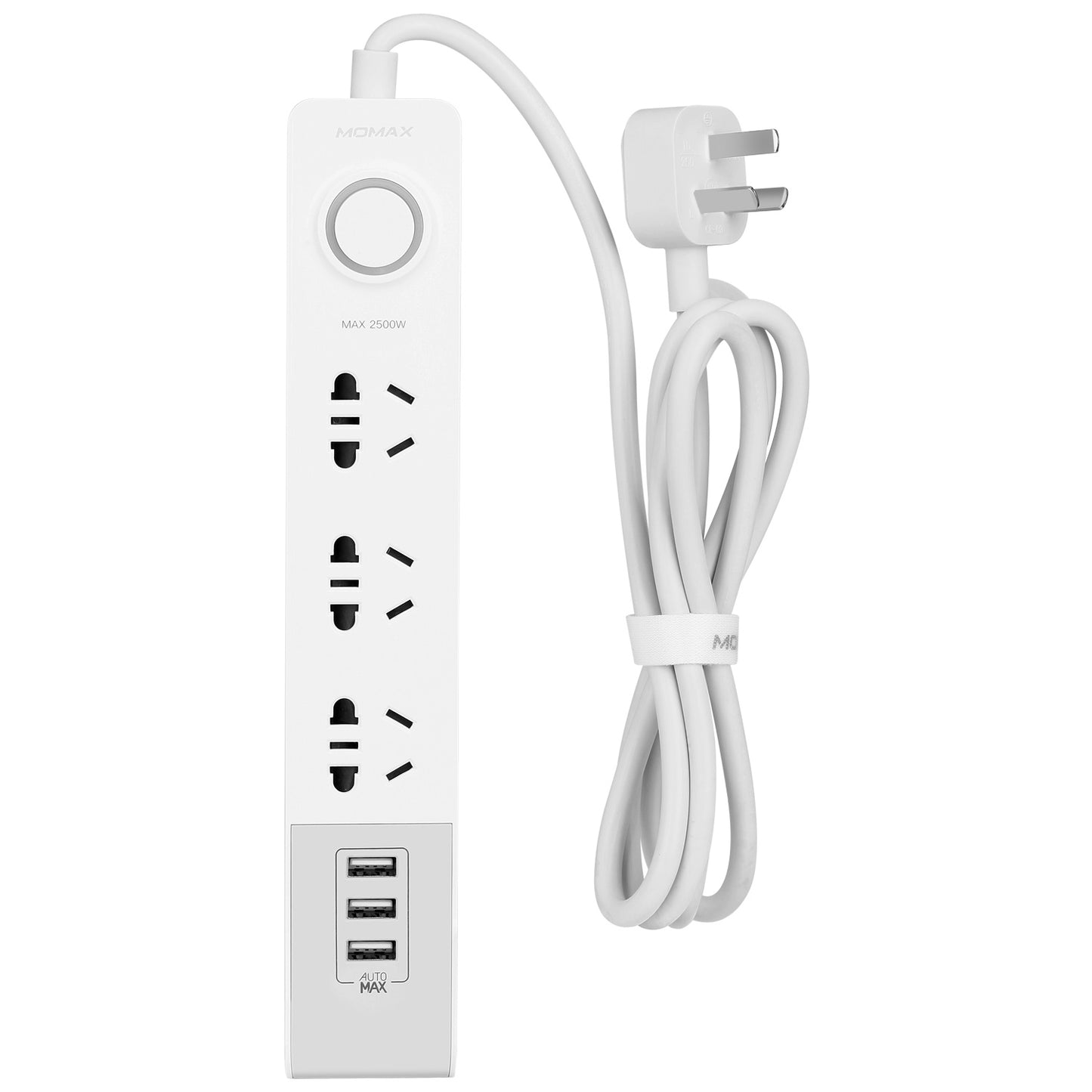 MOMAX 1-Plug 1.8m 2500W 3 AC Sockets Smart Power Strip with 3 USB Ports - White / AU Plug