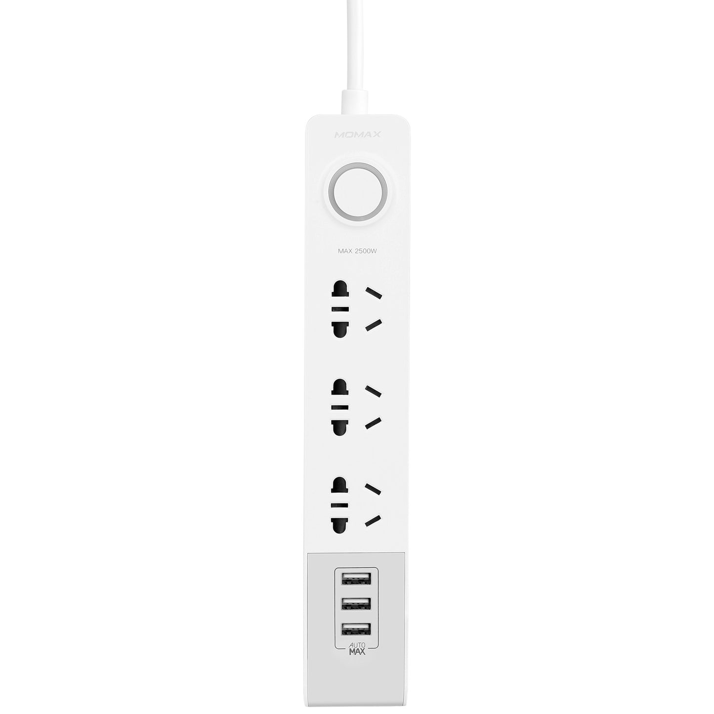 MOMAX 1-Plug 1.8m 2500W 3 AC Sockets Smart Power Strip with 3 USB Ports - White / AU Plug