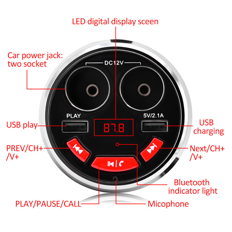 A23 Multi-functional Cigarette Lighter Bluetooth 3.0 Car FM Transmitter Dual USB Car Charger - Red