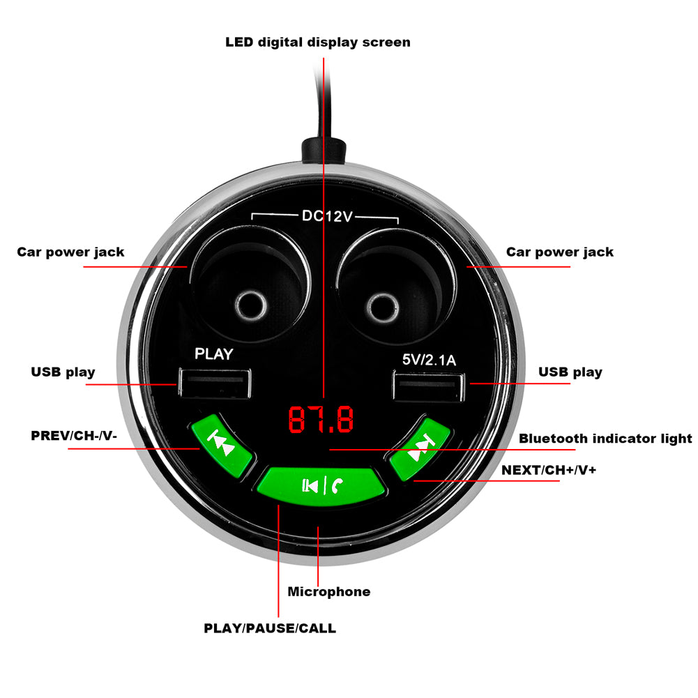 A23 Multi-functional Cigarette Lighter Bluetooth FM Transmitter Dual USB Car Charger Car Kit - Green