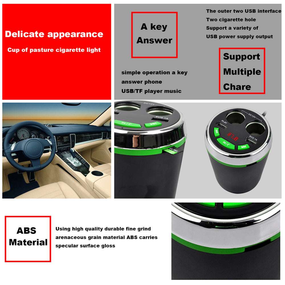 A23 Multi-functional Cigarette Lighter Bluetooth FM Transmitter Dual USB Car Charger Car Kit - Green