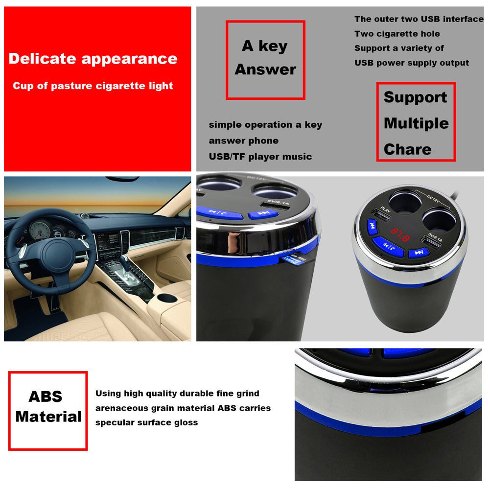 A23 Multi-functional Bluetooth Car FM Transmitter 2-Ports USB Car Charger with 2 Cigarette Lighters - Blue