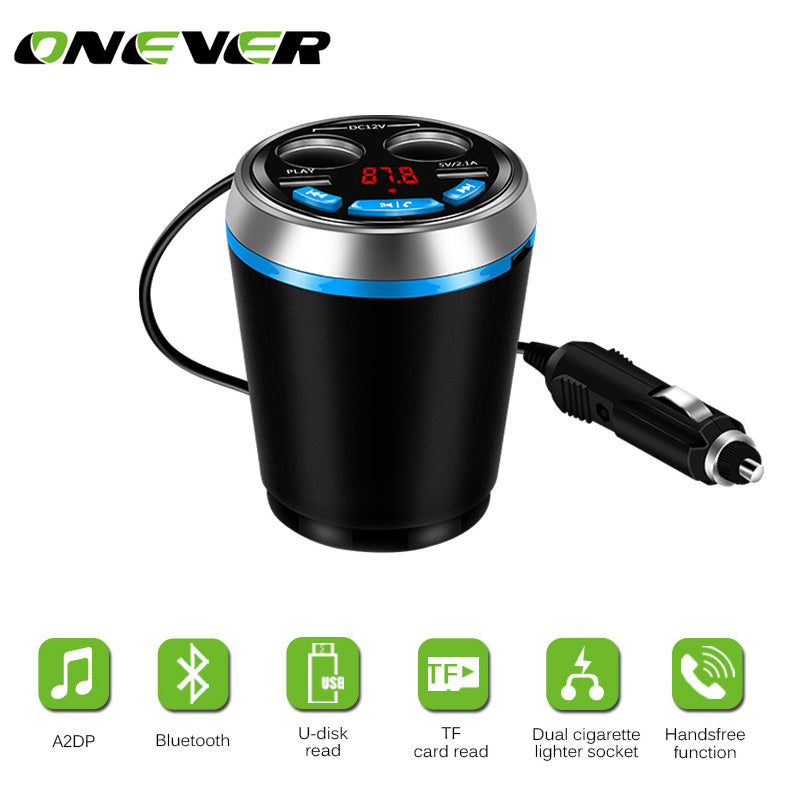 A23 Multi-functional Bluetooth Car FM Transmitter 2-Ports USB Car Charger with 2 Cigarette Lighters - Blue